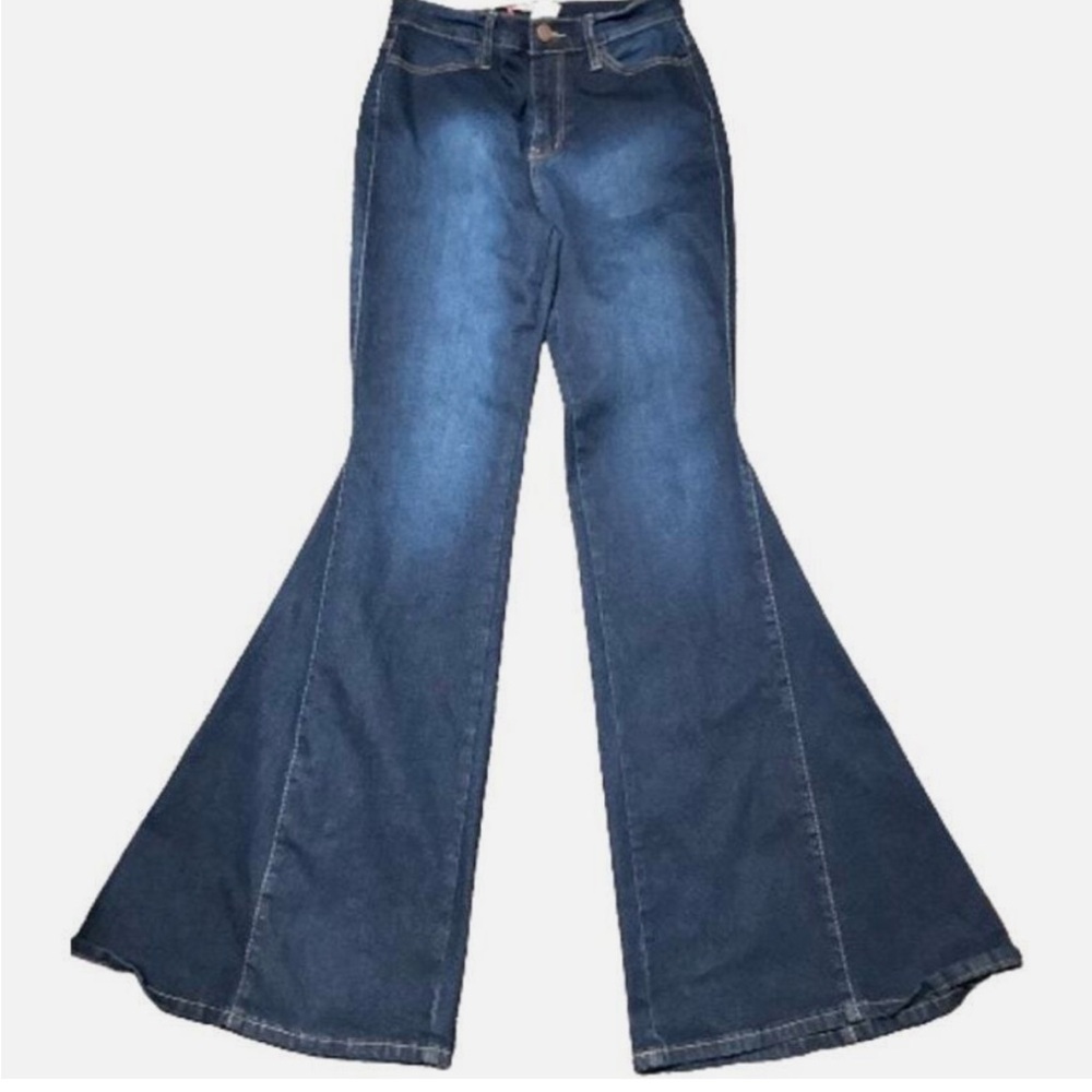 Boho Vibe and Rant Jeans Blue Denim Bell Bottom Pants Distressed Flared